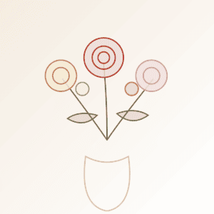 Minimalistischer Blumenstrauß mit bunten Kreisen und Blättern.