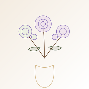 Minimalistischer Blumenstrauß mit Kreisen in Pastellfarben, Topf im Vordergrund.