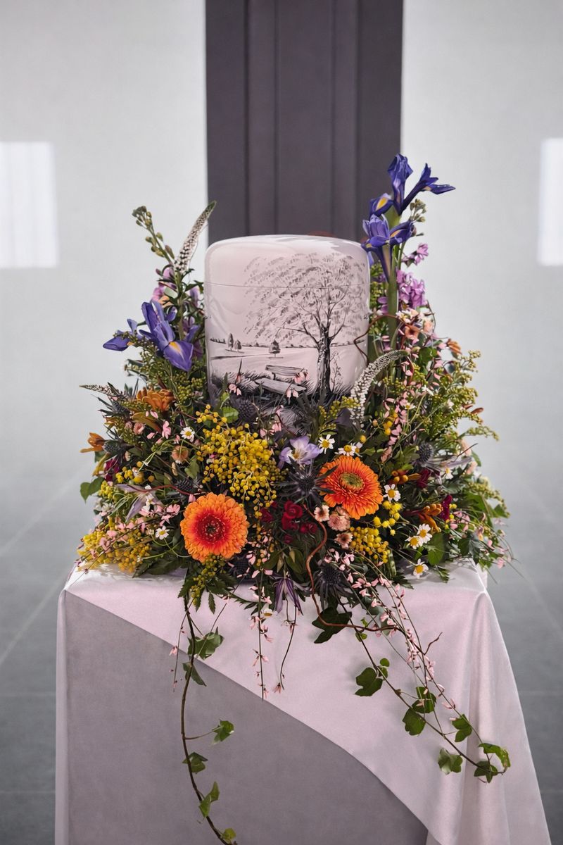 Urnengesteck mit Iris und Frühlingsblumen – Trauerfloristik von Blumen-Meister in Hemau